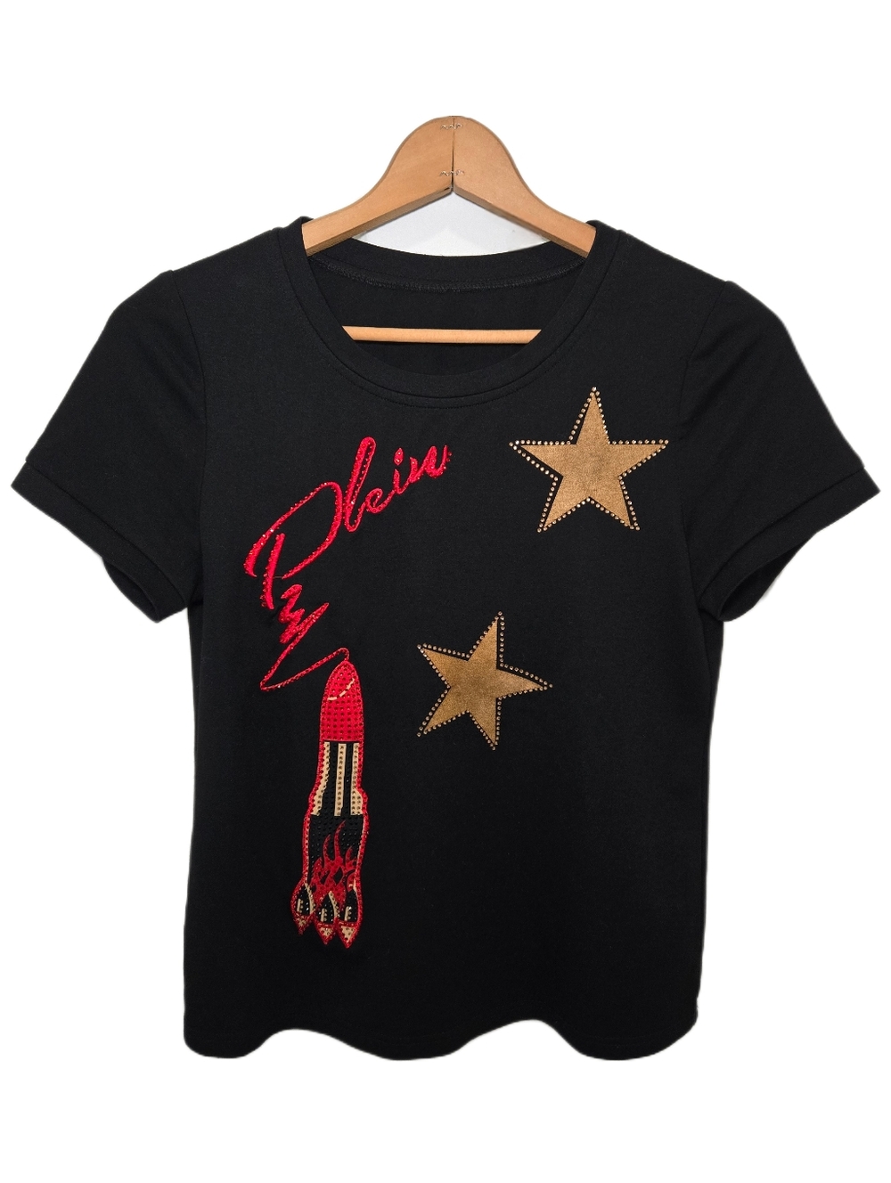 Philipp Plein Womens Rhinestone Embelished Tee Size S Lipstick Rocket Stars